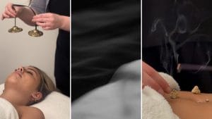 Practitioner performing a gentle therapeutic treatment on a client in a holistic health studio, emphasising relaxation and nervous system support.